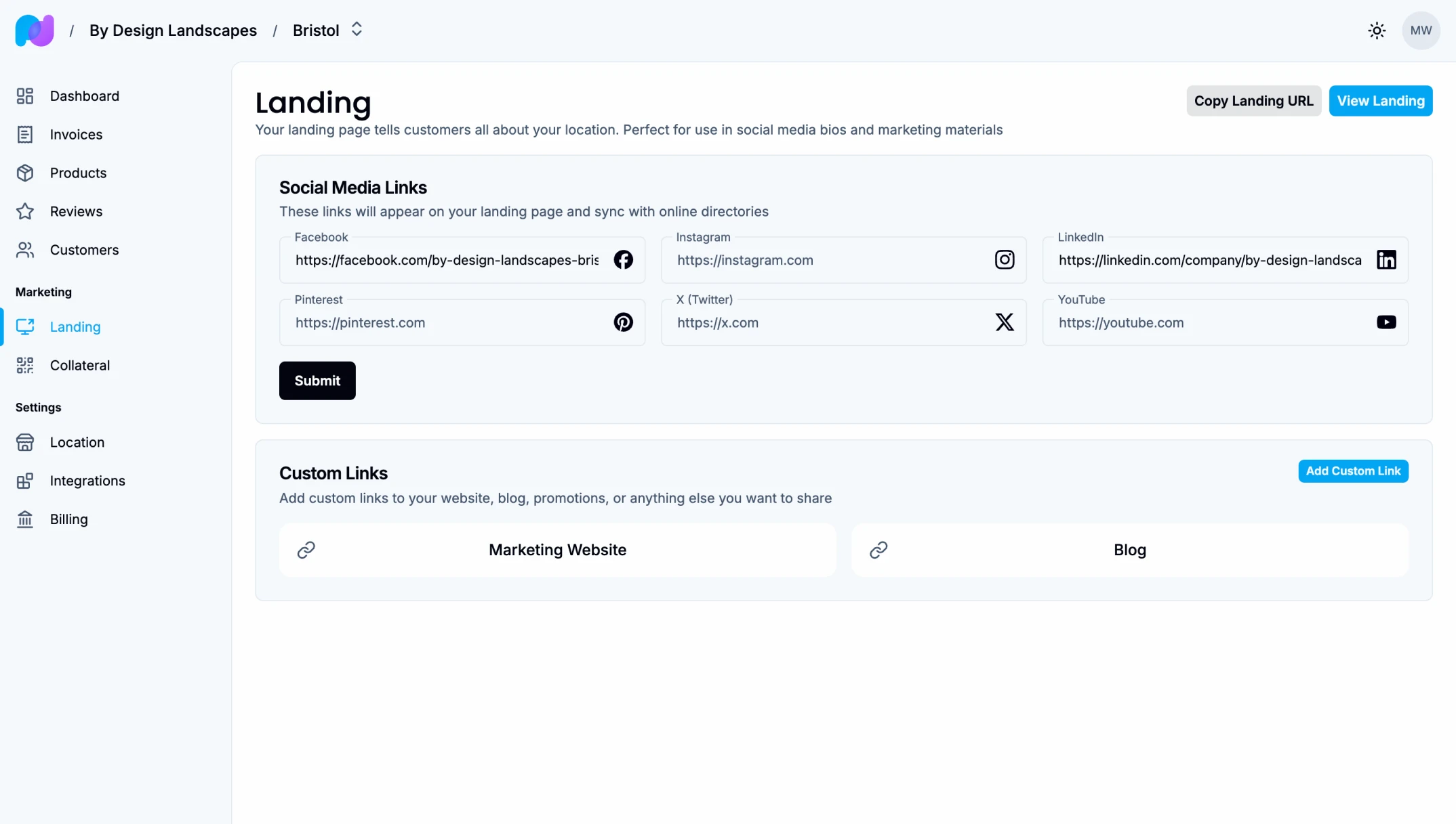 Landing Page Settings